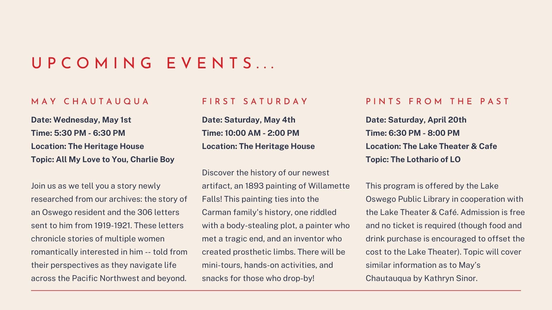 Upcoming events feature May Chautauqua, First Saturday, and Pints from the Past
