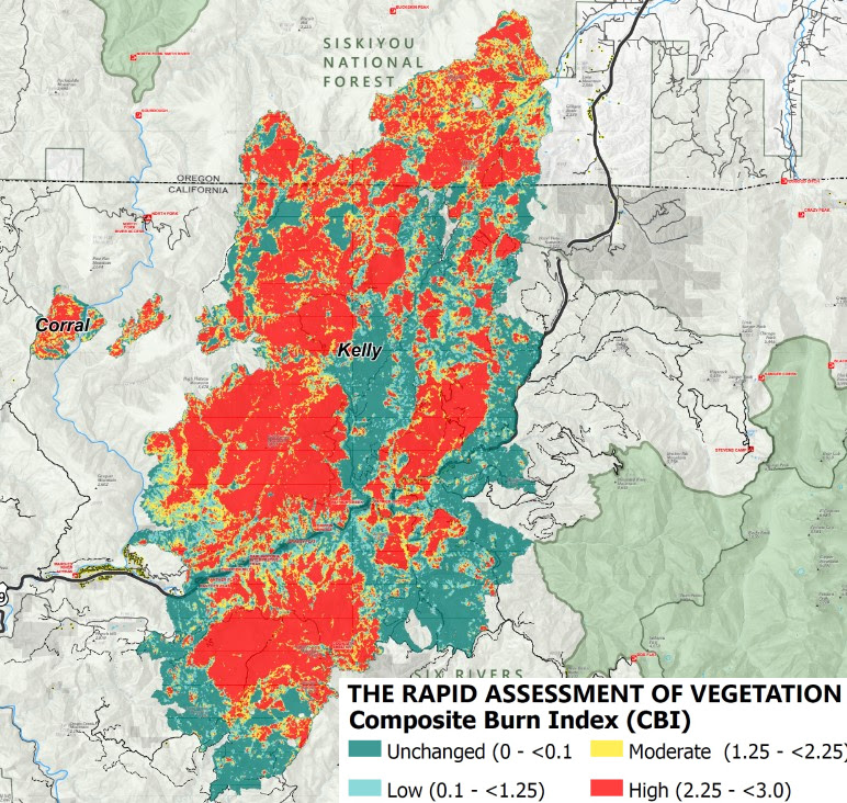 Map with heavy areas of red with green on the edges, indicating high fire severity for vegetation.