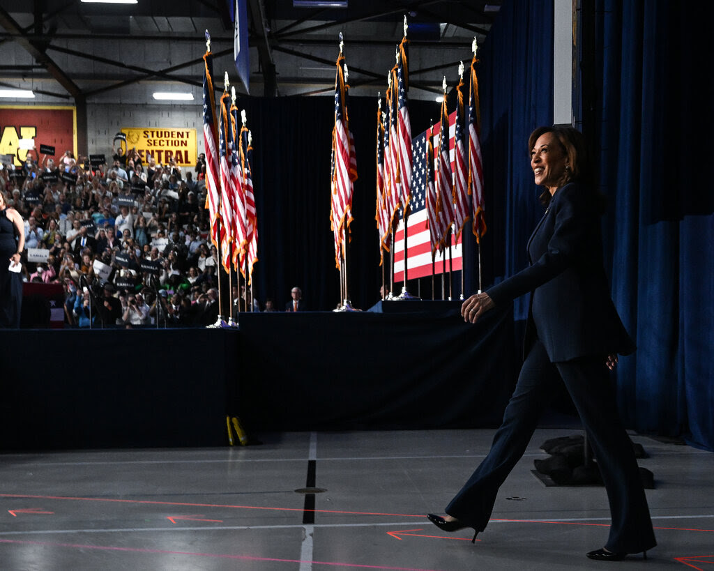 Kamala Harris walking out in front of a crowd.