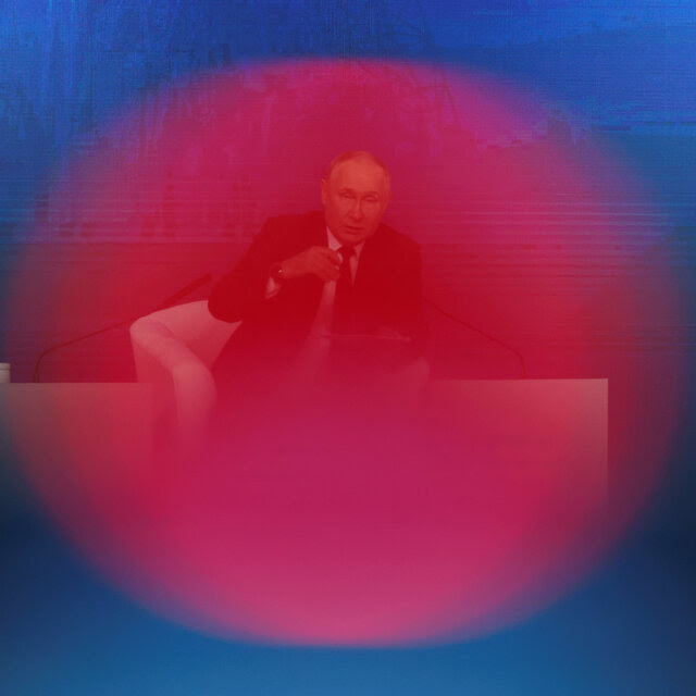 Vladimir Putin seen through a red circle.