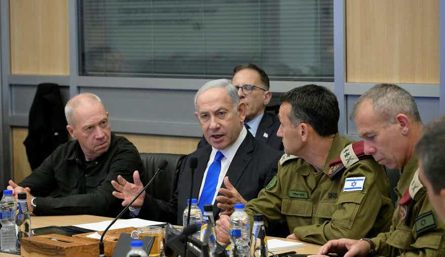 Prime Minister Benjamin Netanyahu, alongside Defense Minister Yoav Gallant, and IDF Chief of Staff Herzl Halevi in Israel's Defense Ministry, October.