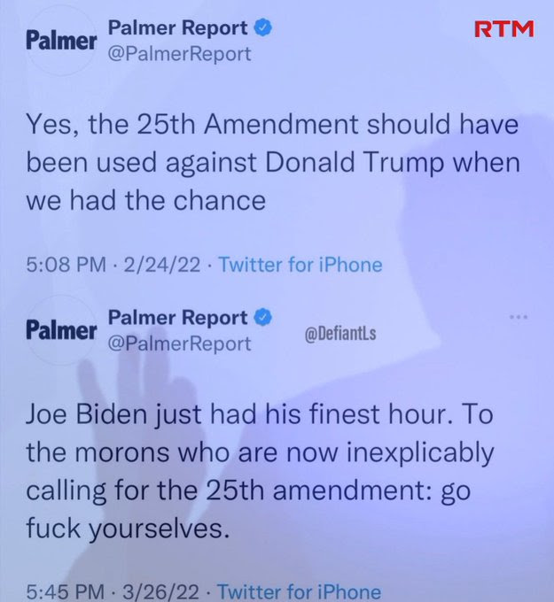Hypocrite, the Palmer Report which condemns suggestion the 25th amendment for Biden but not for Trump.
