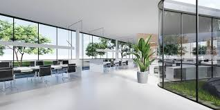 a open-plan office space that is bathed in natural light from floor-to-ceiling windows. It features sleek, minimalist furniture, glass partitions, and a large, lush green plant that adds a vibrant touch to the otherwise monochrome palette.