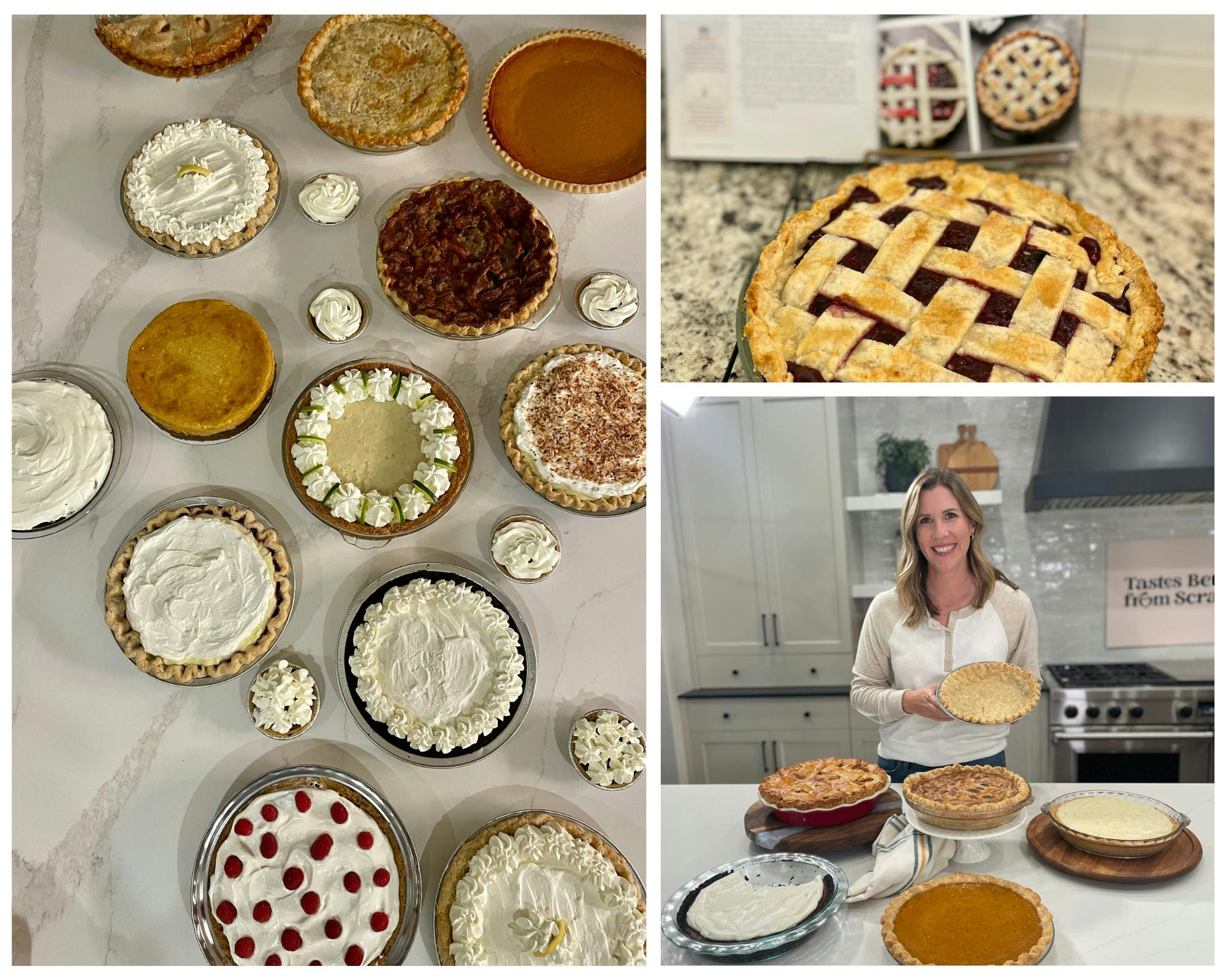 Photo collage of a table of pies, Lauren with a bunch of pies, and a close up of our triple berry pie!