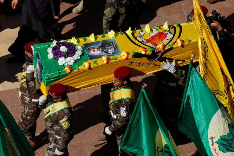 A funeral procession for Abu Baqir al-Saadi, a Kataib Hezbollah leader killed in a U.S. airstrike, Najaf, Iraq, February 2024