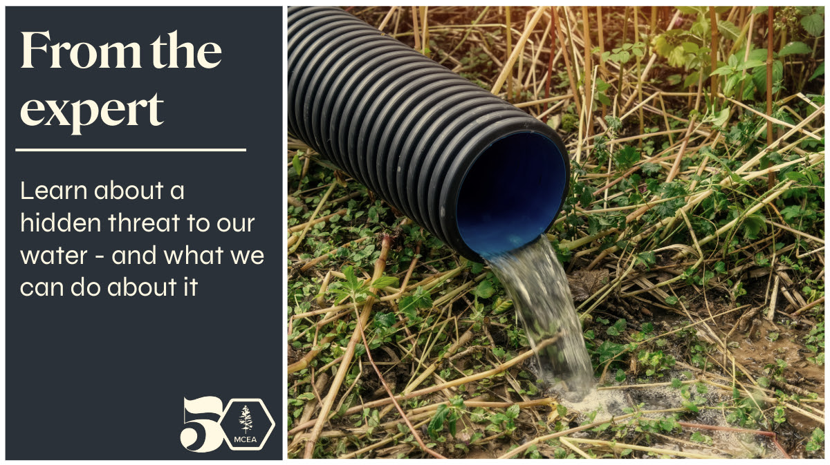 a pipe in the grass pouring out water and the words from the expert learn about the hidden threat to our water under our feet