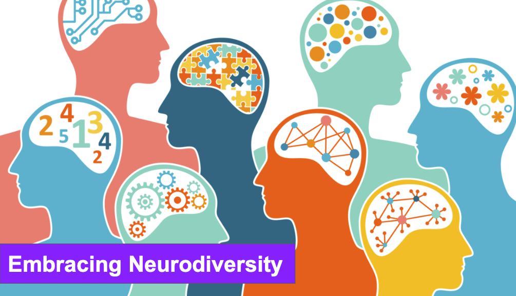  The image features colorful silhouettes of human heads, each filled with various symbols representing different ways of thinking. Some heads have puzzle pieces, gears, numbers, or neural connections, symbolizing the diversity of cognitive processes. The text at the bottom, in bold purple, reads 