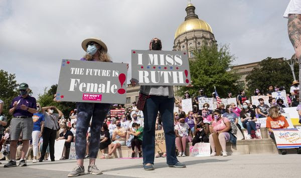 People gather for the March for Reproductive Justice on Saturday, Oct. 2, 2021, in downtown Atlanta. (AP Photo/Ben Gray) **FILE**