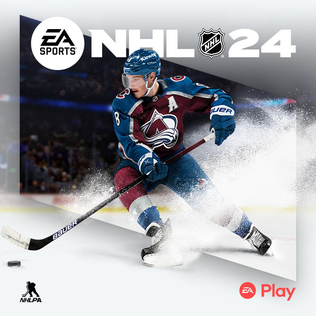 An image of Cale Makar, Canadian professional ice hockey defenceman for the Colorado Avalanche of the National Hockey League, skating on the ice. EA SPORTS™ NHL® 24, NHLPA, and EA Play logos.