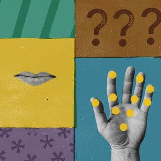 An illustration of colorful rectangles with an ear, mouth and palm of a hand with geometric shapes and questions marks overlapping them.