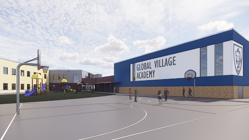 Exterior of Global Village Academy with playground and children playing basketball.