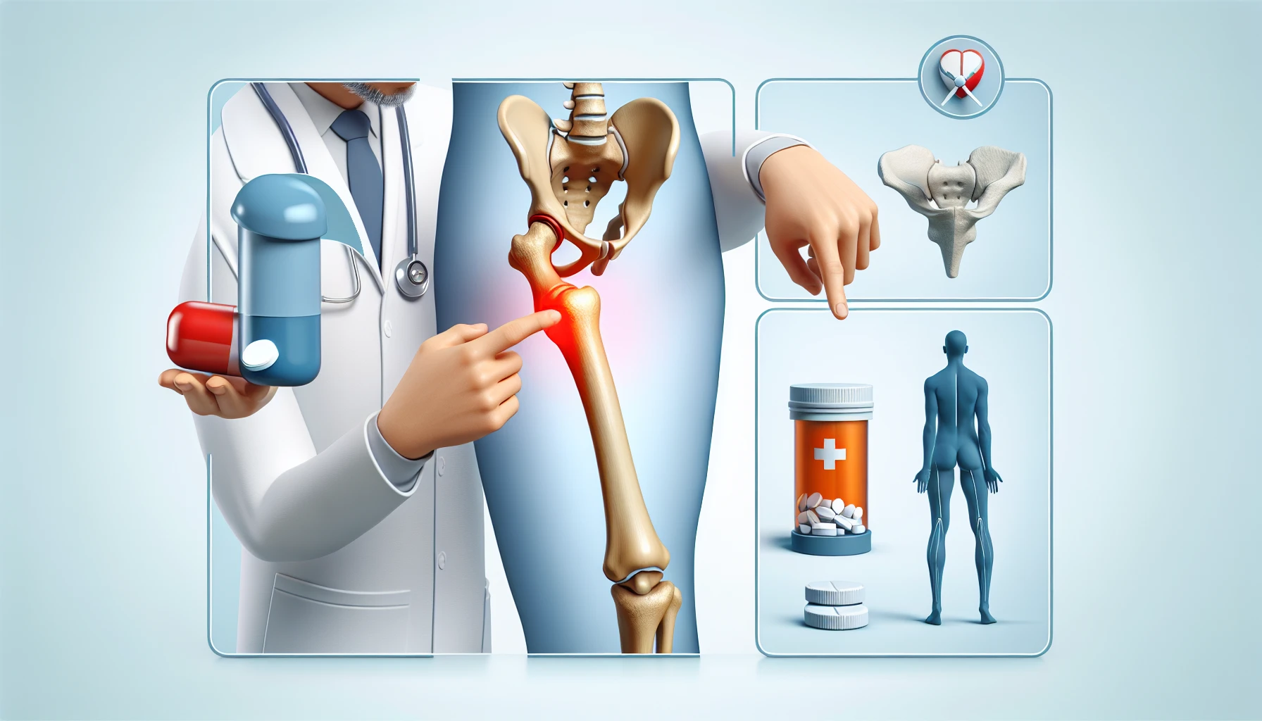 An illustration showing different treatment options for hip osteoarthritis, including medications, physical therapy, and surgery.