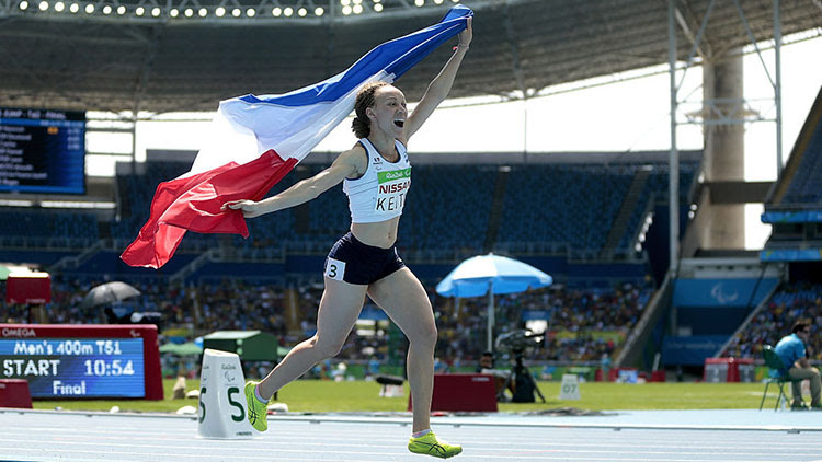 Nantenin Keita of France celebrates after winning bronze in the Women's 100m - T13 Final at the London 2012 Paralympic Games. ©Julian Finney/Getty Images