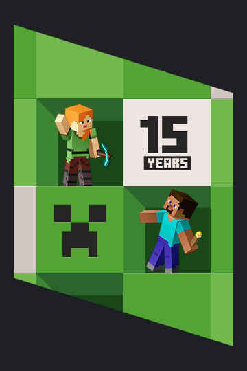 Key art for the Minecraft 15 years celebration featuring Alex and Steve in a grid of cubes alongside a creeper face.