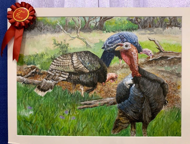 Painting with red ribbon of three turkeys amid grass and fallen logs