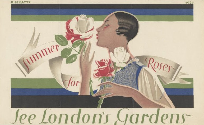 Poster by Dora M Batty of a woman with roses and the words Summer for Roses see London's Gardens