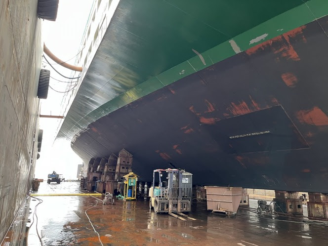 Large ferry in dry dock