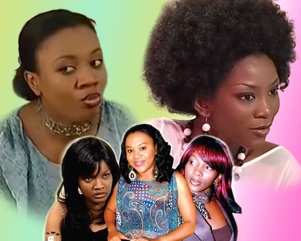 A collage of multiple Nigerian film actresses, set against a green and pink gradient background. 