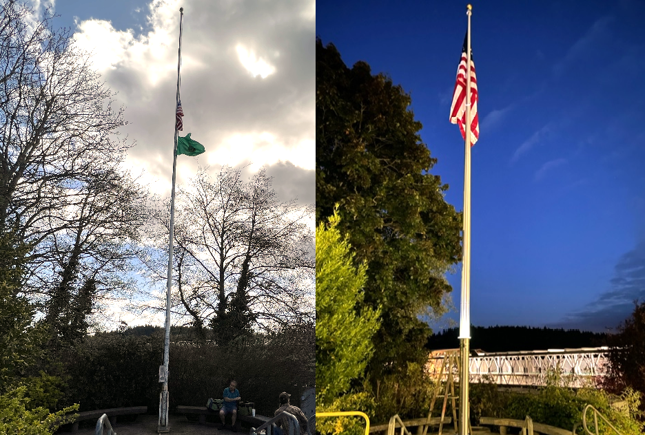 A side-by-side image of the old and new flagpoles at the Bainbridge Island Terminal.