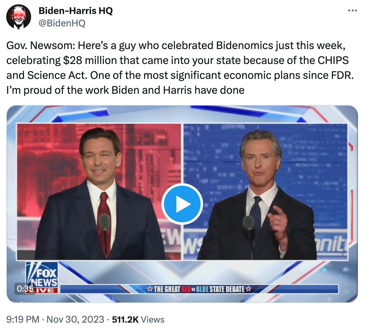 'Gov. Newsom: Here’s a guy who celebrated Bidenomics just this week, celebrating $28 million that came into your state because of the CHIPS and Science Act. One of the most significant economic plans since FDR. I’m proud of the work Biden and Harris have done'