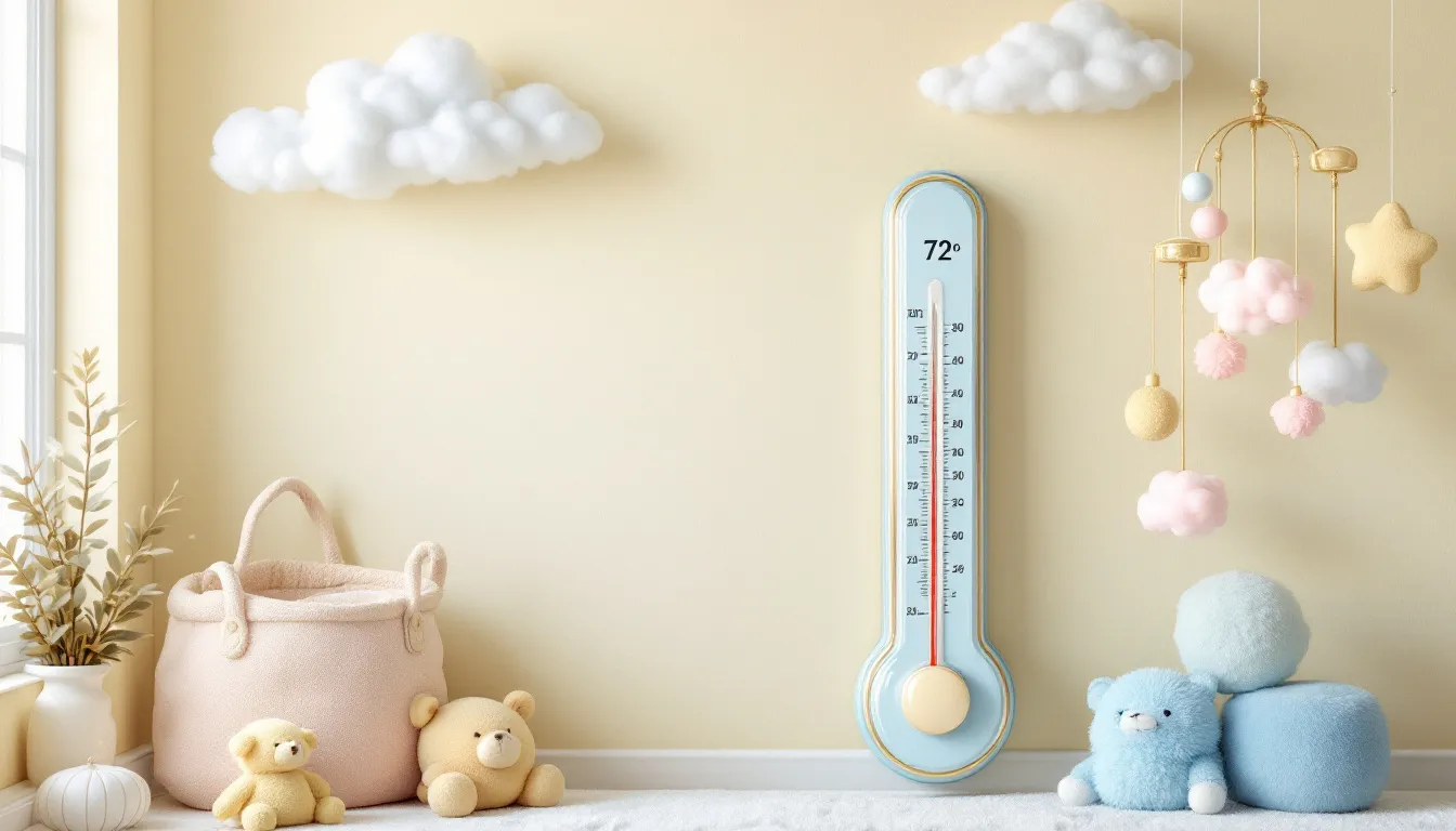 A thermometer indicating the ideal room temperature for a newborn's sleep.