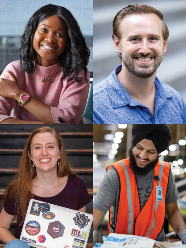 Four Amazon employees smiling.