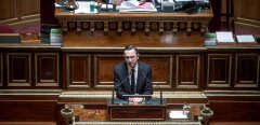 Le patron des sénateurs LR Bruno Retailleau, photographié à la tribune du Sénat le 31 janvier 2024.