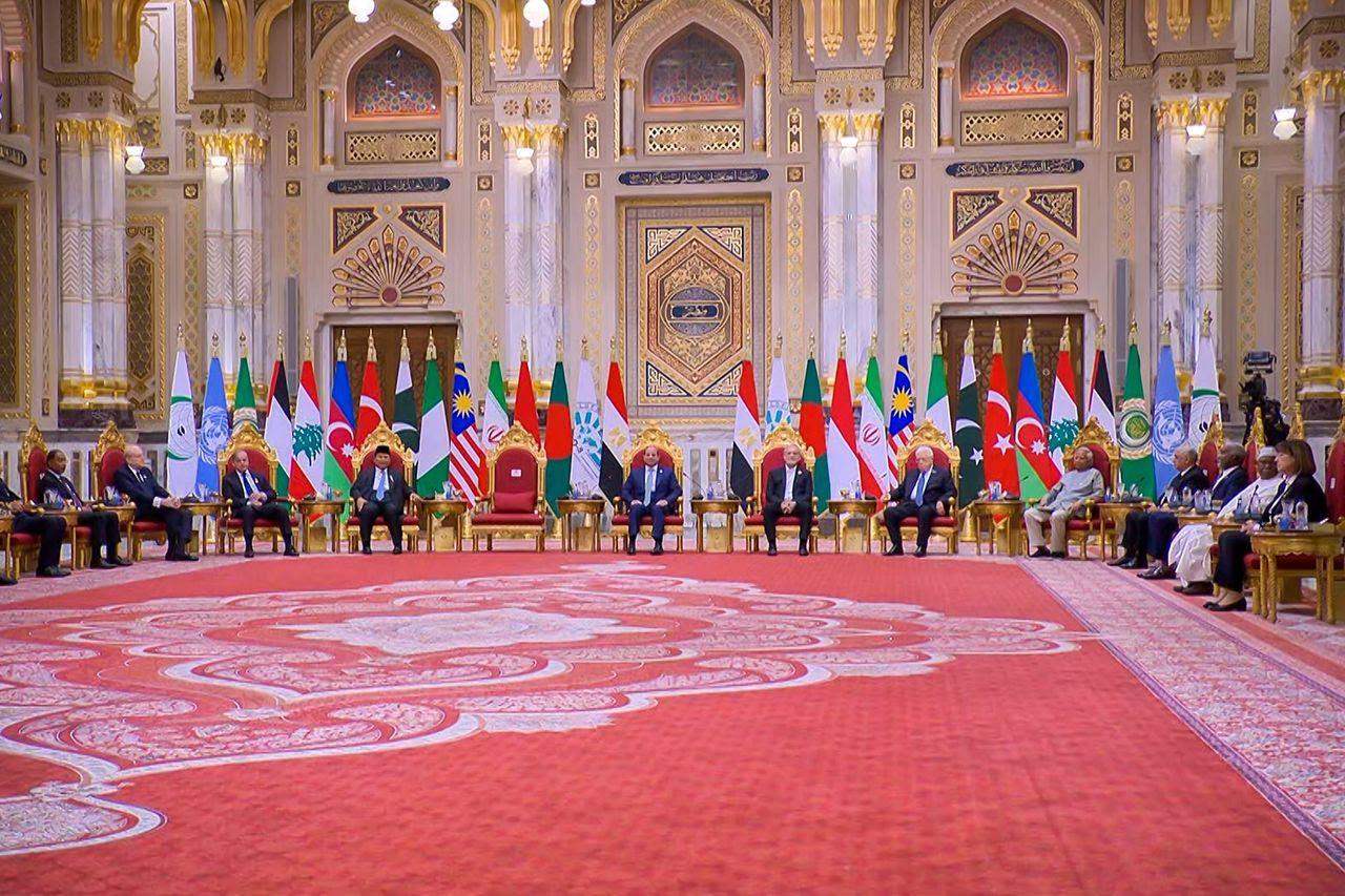 Presidents of the Organization of Eight Developing Countries summit during the opening session in Cairo on Thursday. (Handout Handout/EPA-EFE/Shutterstock)