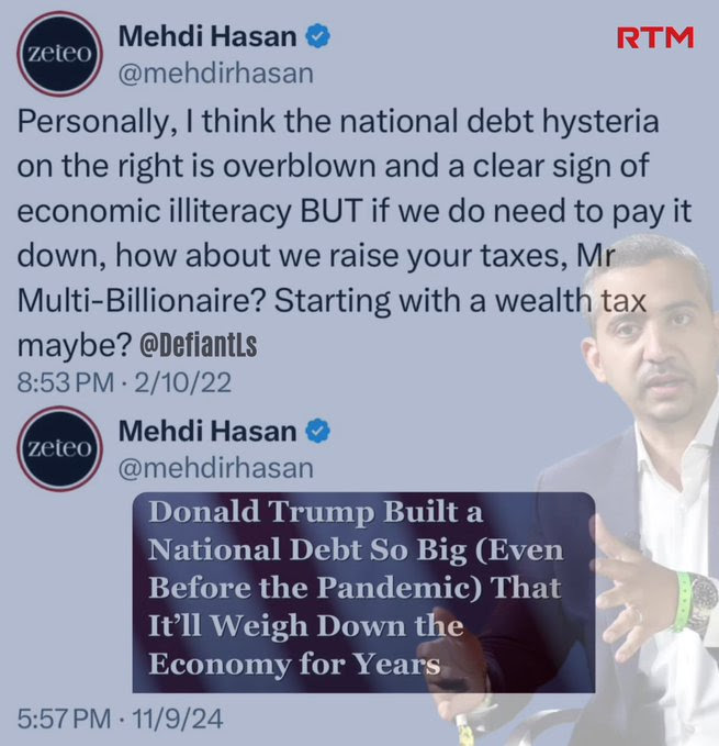 Hypocrite Mehdi Hasan says Nation Debt is ok then complains about Trump'd National Debt.
