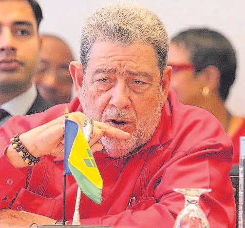 St Vincent and the Grenadines Prime Minister Dr Ralph Gonsalves in the First Day Plenary Session at the 48th Regular Meeting of the Conference of Heads of Government of Caricom in Barbados yesterday. PHOTO COURTESY CARICOM