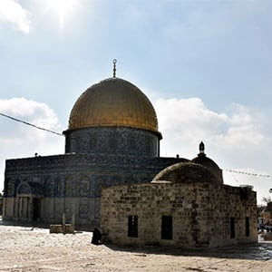 Dome of the Rock, an Islamic shrine at the center of the Al-Aqsa mosque compound on the Temple Mount in the Old City of Jerusalem