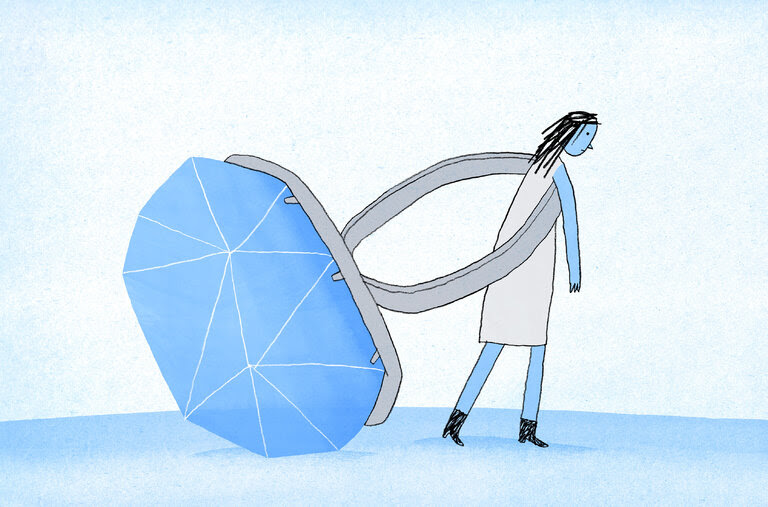 An illustration of a woman walking and dragging a giant diamond ring behind her.