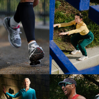 Four images that include a close-up of running feet, a woman squatting, a woman doing a quad stretch against a wall, and a man running in a red tank top.