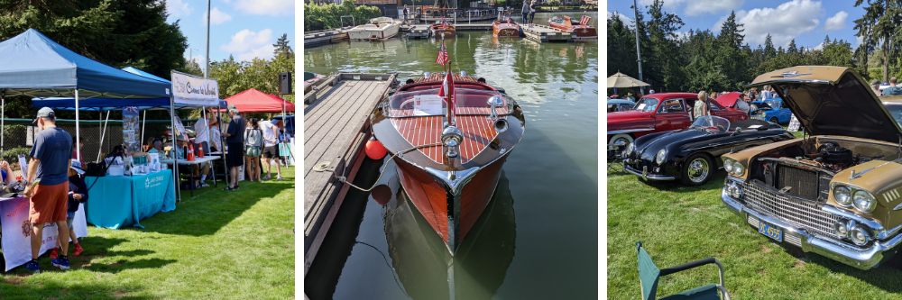 three images from the car and boat show: the one on the left is of the vendor booths, the one in the center is a wooden boat, and the one to the right is a row of cars