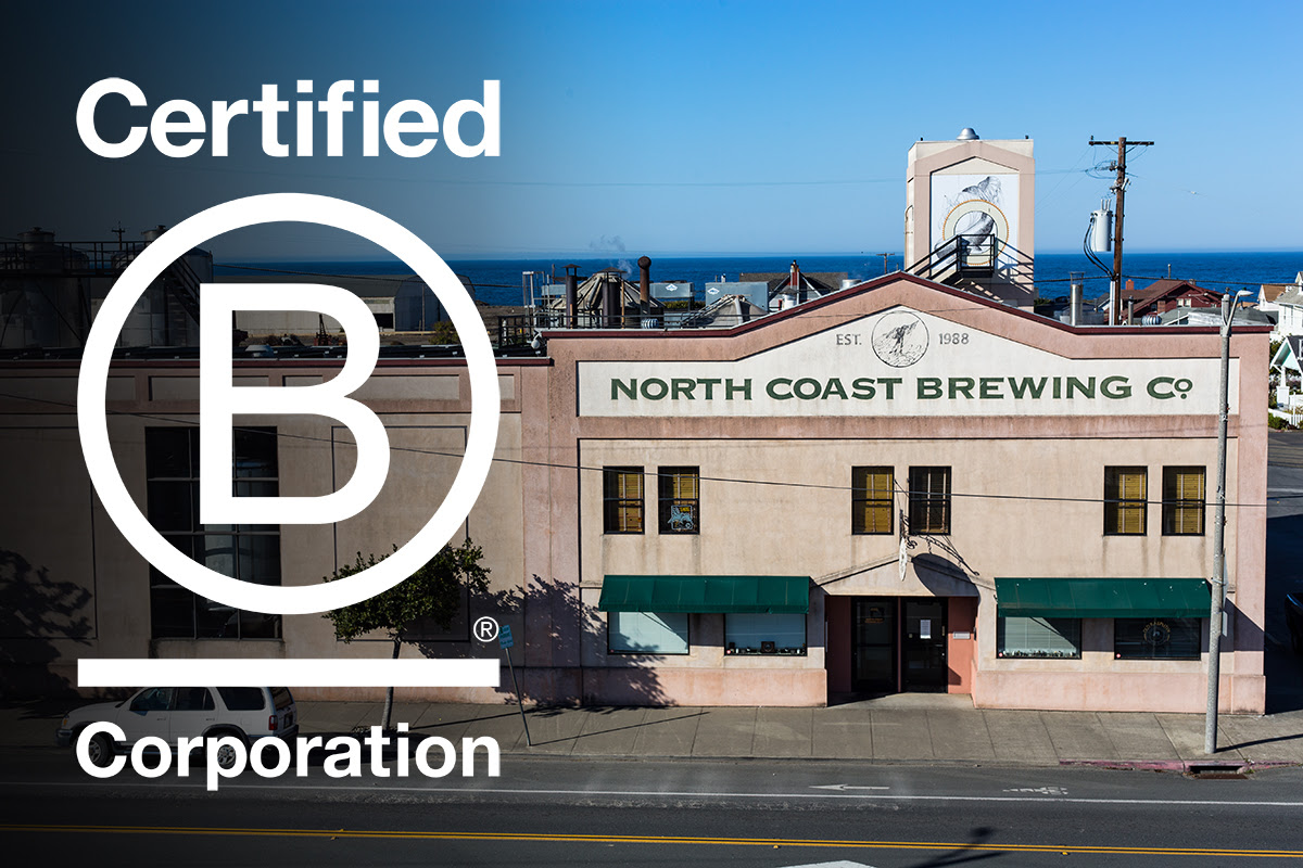 "Certified B Corporation" logo on top of an image of the North Coast Brewing Co. brewery building.