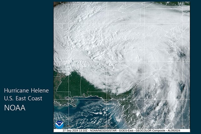 A satellite view of Hurricane Helene from Sept. 27 from the National Oceanic and Atmospheric Administration shows the width of the storm's path over the eastern side of the United States. Screengrab of GeoColor imagery gif, courtesy of CIRA/NOAA.