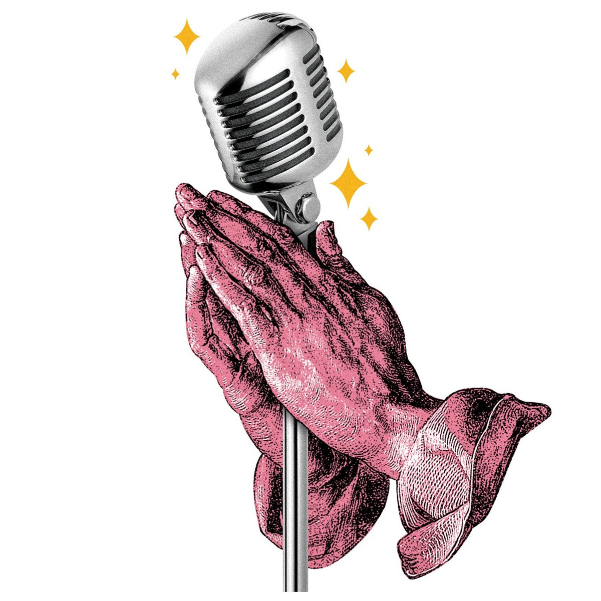 prayer hands wrapped around a microphone