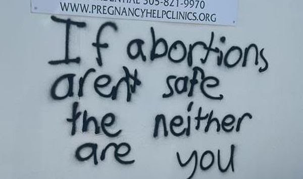 The pro-life Heartbeat of Miami Pregnancy Help Medical Clinics facility in Hialeah, Florida, was vandalized with pro-choice graffiti on July 3, 2022. (Photo courtesy First Liberty Institute)