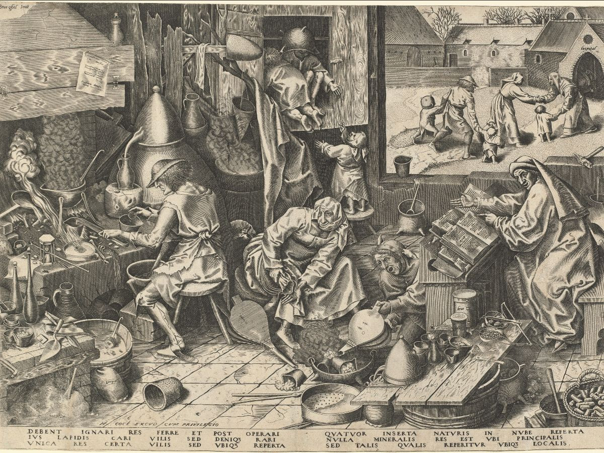 engraving of the alchemist by pieter brueghel 1558