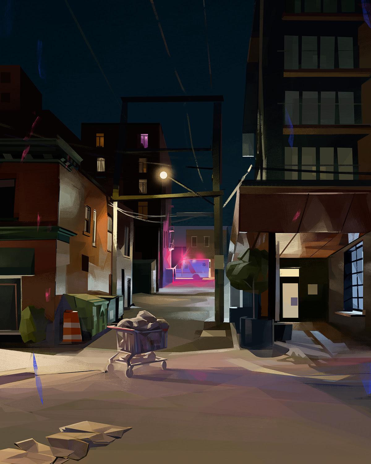 Illustration of an alley in a city centre at night. The pink lights from a parked ambulance light up the surrounding buildings, while an abandoned shopping cart sits in the foreground.