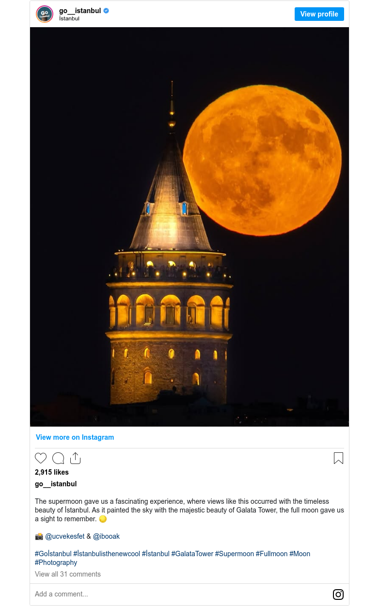 Go İstanbul on Instagram: "The supermoon gave us a fascinating experience, where views like this occurred with the timeless beauty of İstanbul. As it painted the sky with the majestic beauty of Galata Tower, the full moon gave us a sight to remember. 🌕 📸 @ucvekesfet & @ibooak #Goİstanbul #İstanbulisthenewcool #İstanbul #GalataTower #Supermoon #Fullmoon #Moon #Photography"