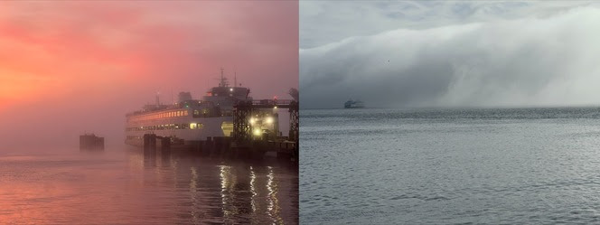 Ferry at a dock in foggy conditions on left and ferry on water in foggy conditions on right