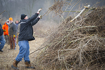 Volunteers stack brush in a pile during a stewardship day.