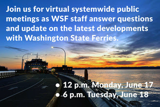 Ferry at Southworth terminal at sunset with information about public meetings