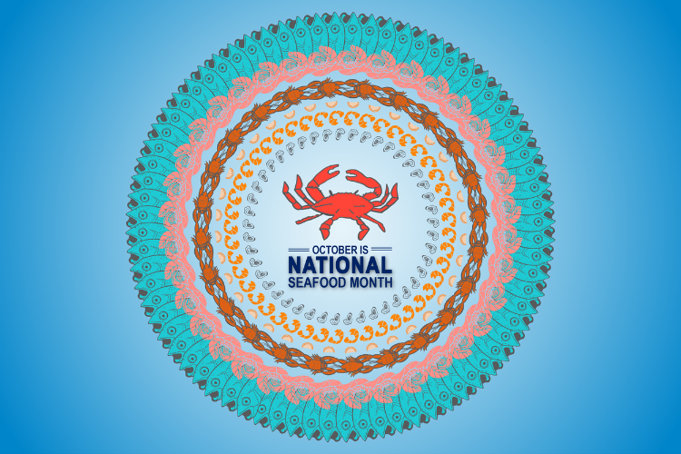 Graphic for National Seafood Month with the title in the center featuring a stylized seafood in ornate circular patterns 