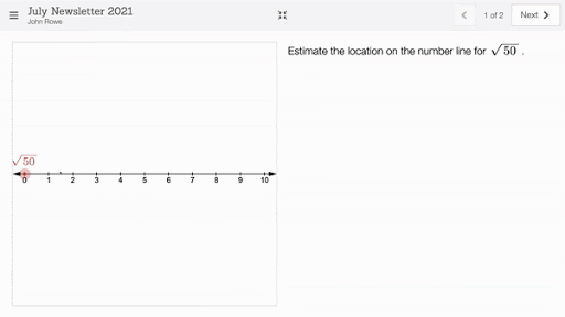 A gif of a two screen activity. On the first screen, there is a graph with a number line that runs from 0 to 10 and a note that says