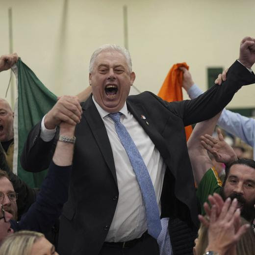 Sinn Fein's Thomas Gould celebrates following re-election for Cork North-Central, as the election count continues during Ireland's election, in Nemo Rangers GAA Club, in Cork, Ireland, Sunday, Dec. 1, 2024. (Jacob King/PA via AP)