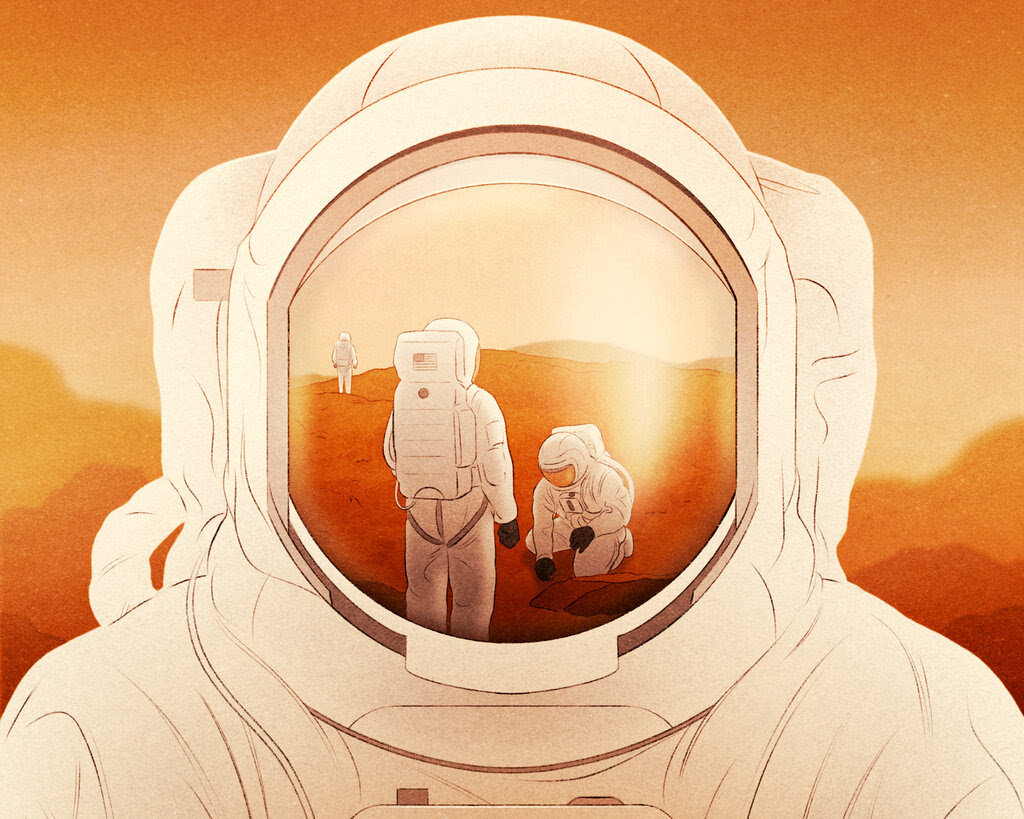 An illustration of astronauts in the reflection of one astronaut’s visor.