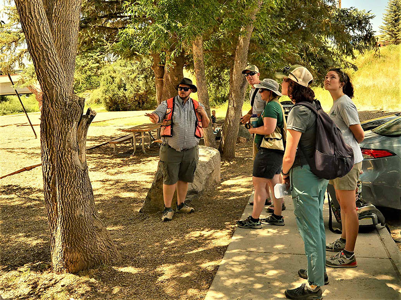 A group of CSFS foresters and interns listen as a man talks about measuring a tree.