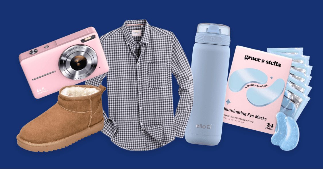 Uggs, camera, button-up shirt, water bottle, and eye patches